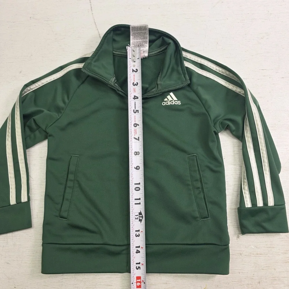 Adidas Forest‎ Green 3 Stripe Cream Zip-Up Track Jacket Toddlers Kids Sz 3T EUC